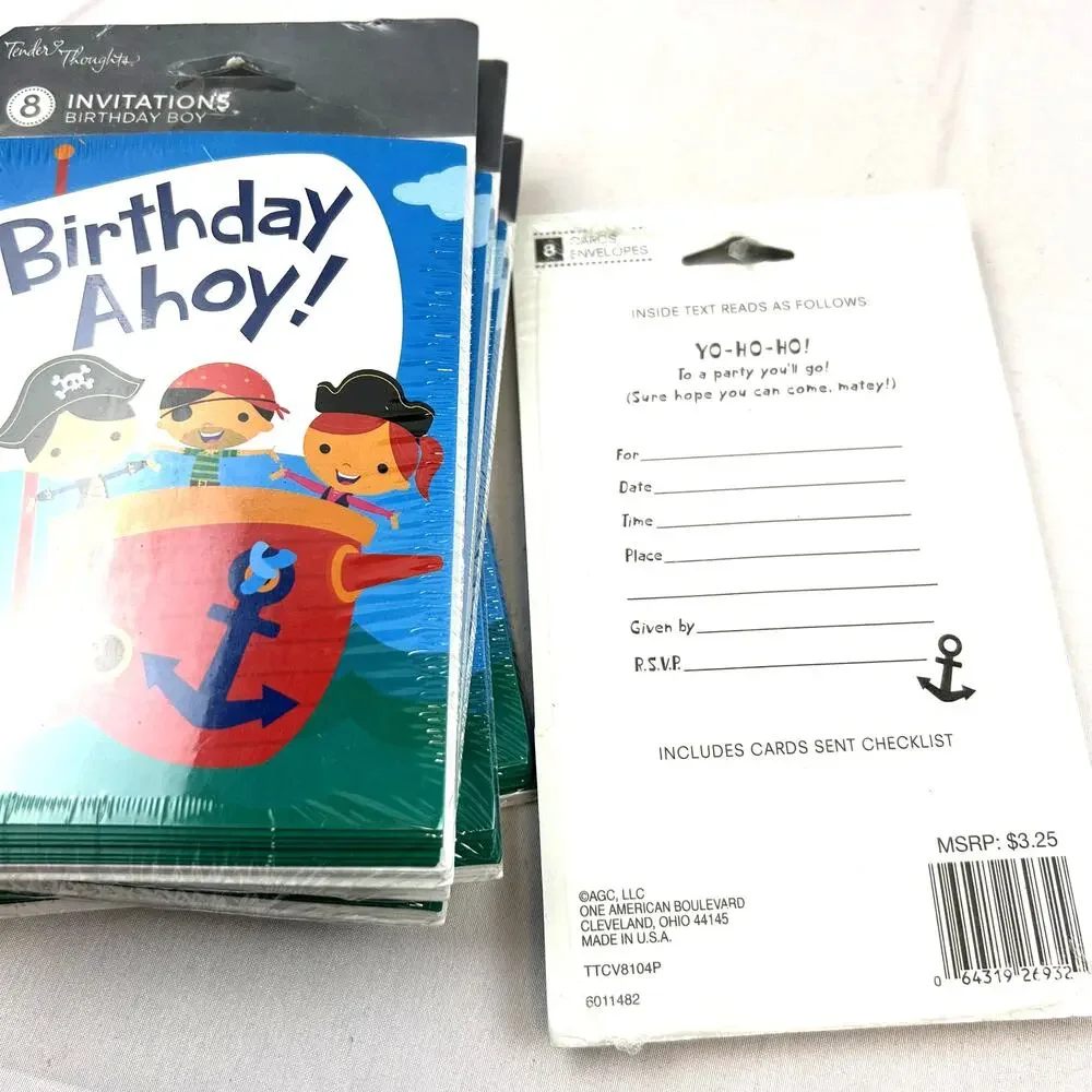 5 packs of 8 Birthday Ahoy Invitations Tender Thoughts in packages msrp 3.25 ea